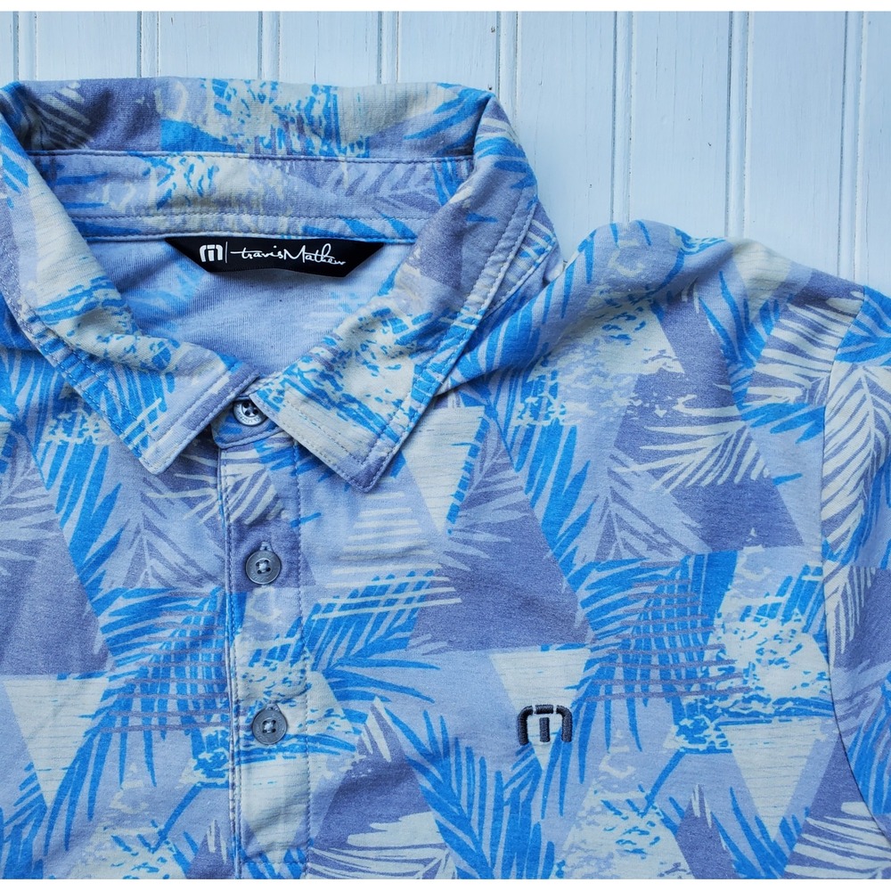 Travis Mathew Mens Blue Palm Geometric Print Polo Shirt Size M Pima Cotton Golf - Picture 1 of 7